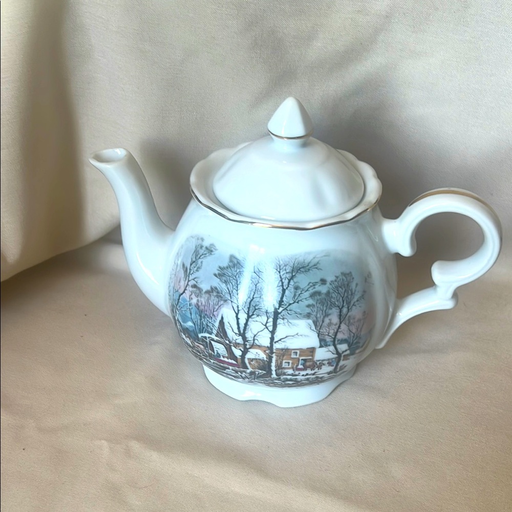 Scenic White Teapot with Winter Design